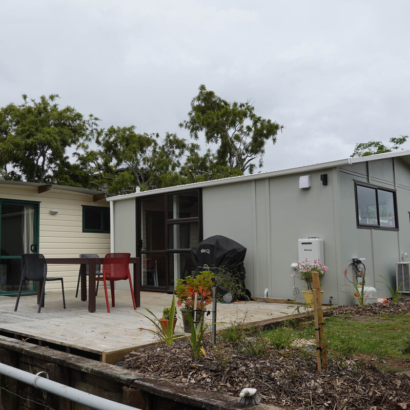 Twin Cabin, left, and Living Shed, right, from the lower garden